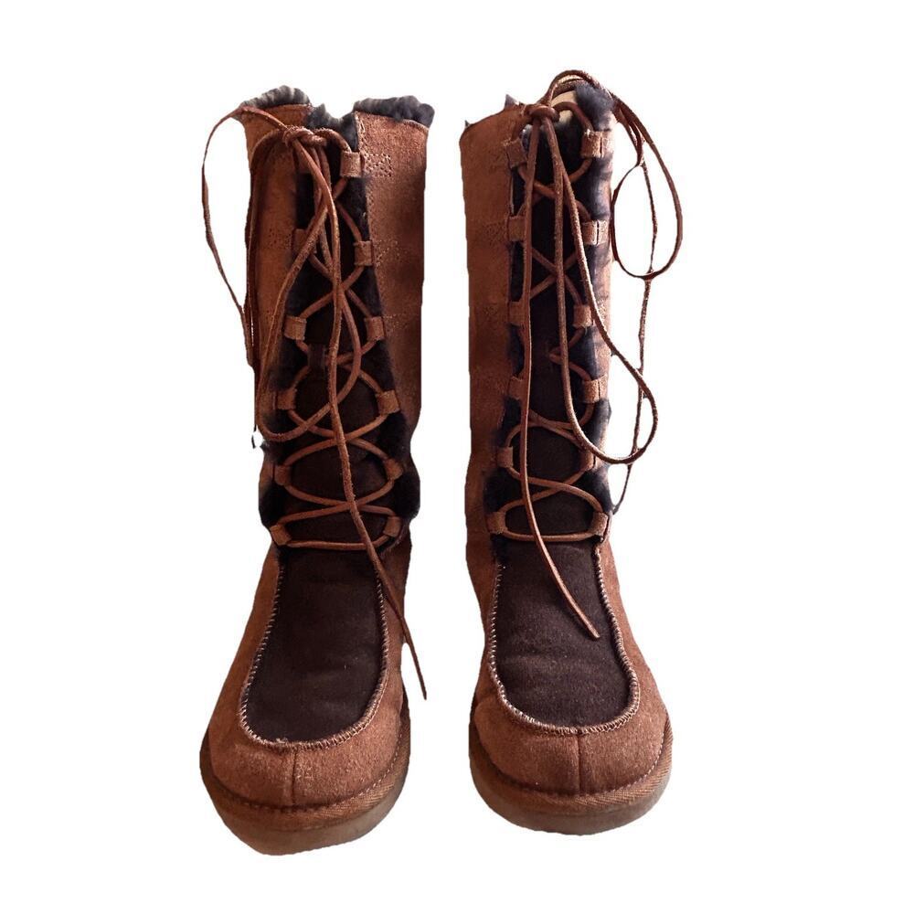 UGG Whitley Moccasin Tie Chestnut Brown Tall Suede Leather Boots Sz. 7 S/N 5230